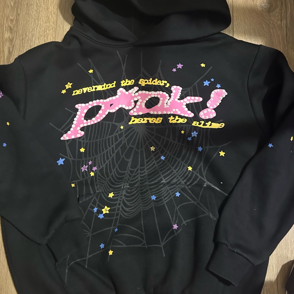 Supreme Black Hoodie with Pink 'plok!' Graphic and Multi-Star Print